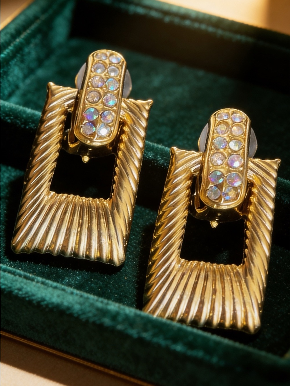 Gold-Tone Rectangular Clip-On Earrings with Crystal Accents- Vintage 80-90’ Era